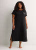 Black Short-Sleeve Long Sleepshirt with Moon Cat Chest Print - tiVOGLIO