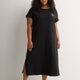 Black Short-Sleeve Long Sleepshirt with Moon Cat Chest Print - tiVOGLIO