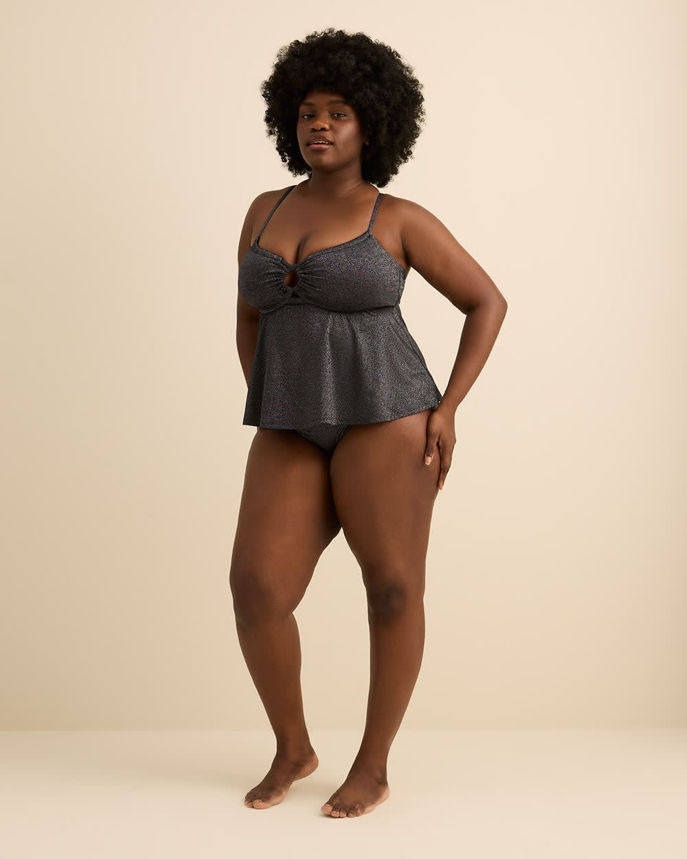 Tankini évasé noir scintillant avec encolure froncée à cordon