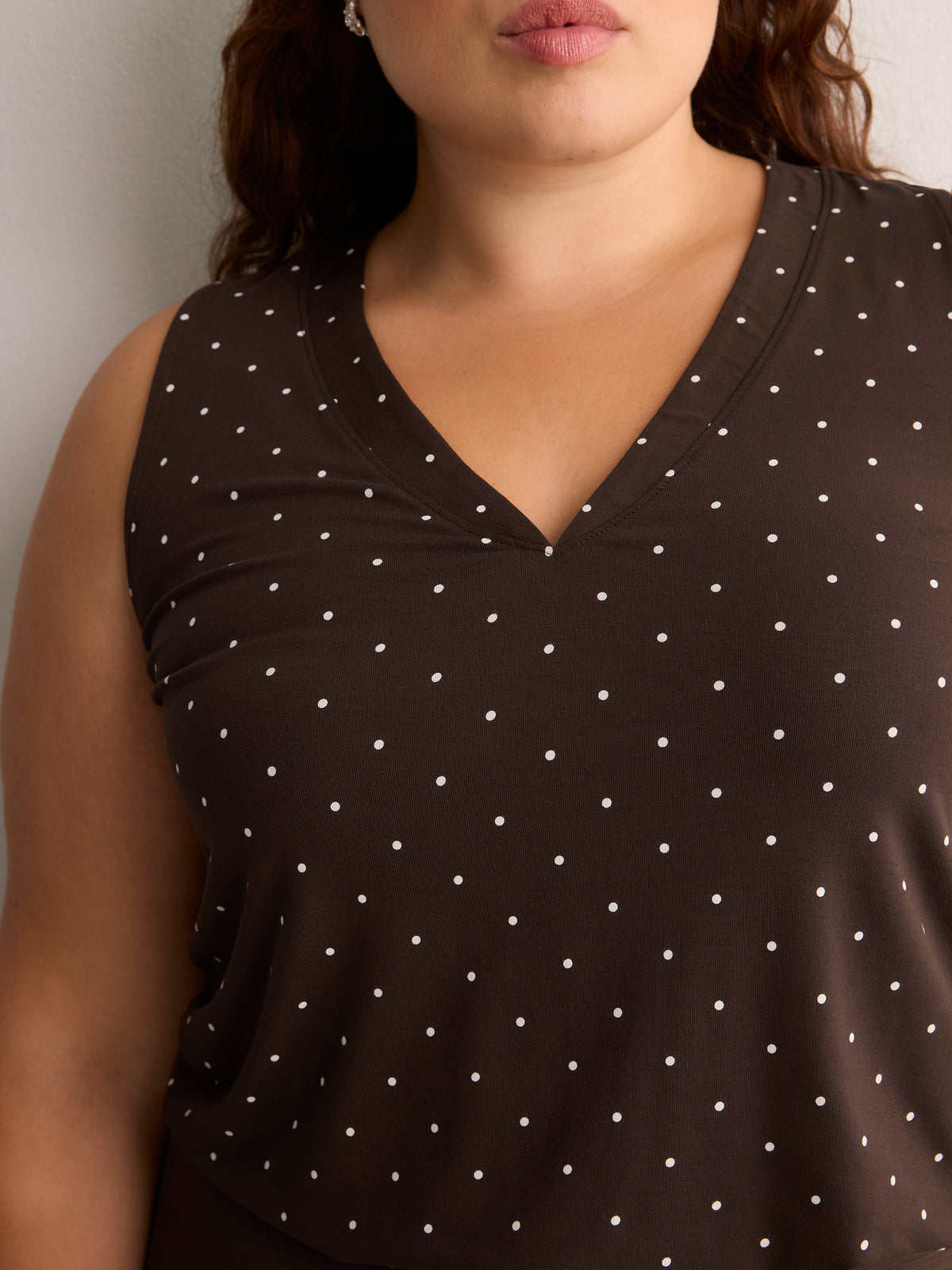 Responsible, Brown Dotted Sleeveless V-Neck Swing Top