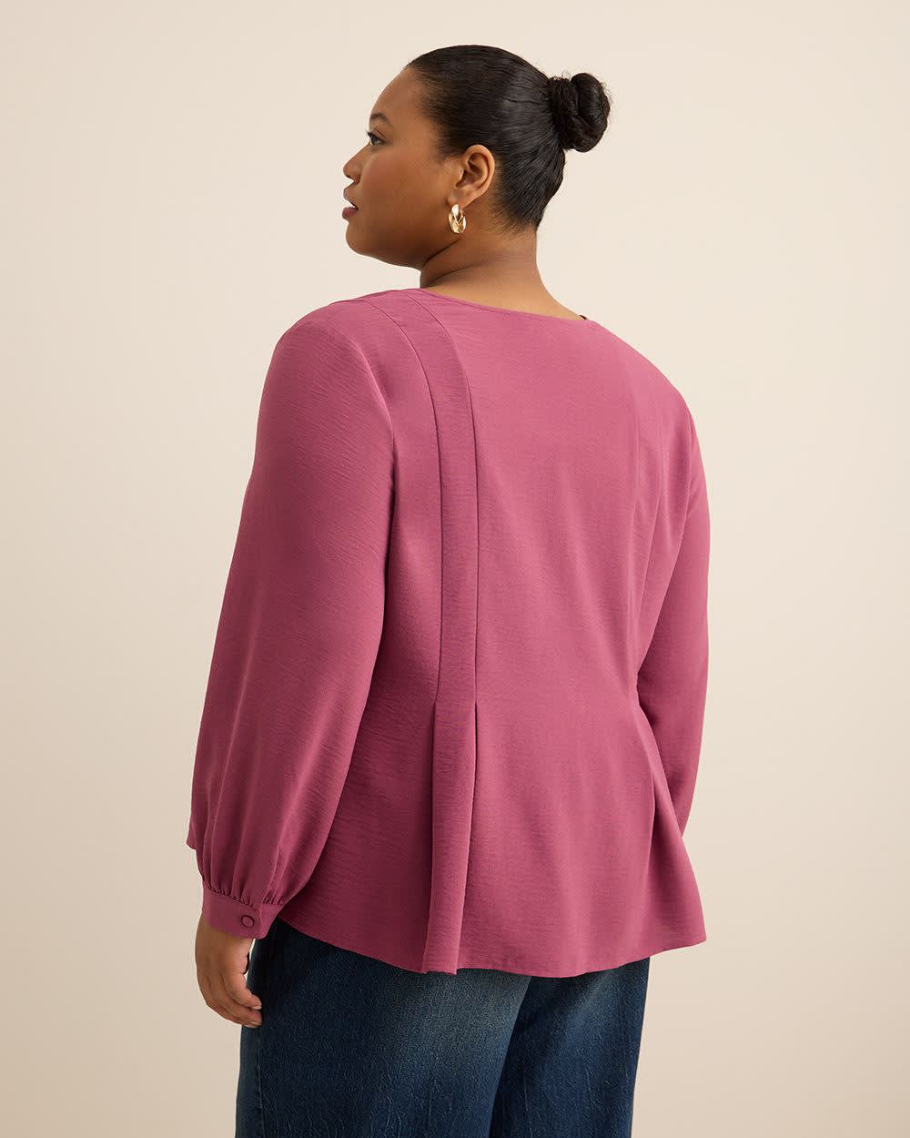Long-Sleeve Flared Pleated Satin Blouse