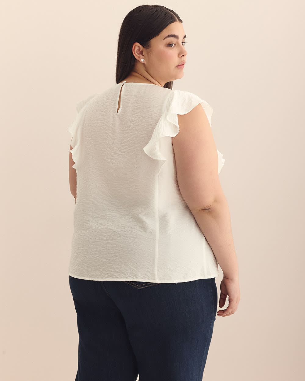 Short Sleeve Ruffle Blouse with Pintucks Detail