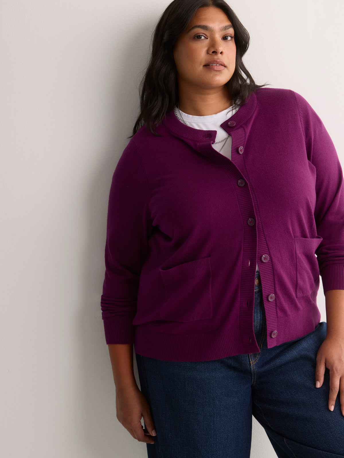 Dark Buttoned-Down Cotton Blend Crew Neck Cardigan