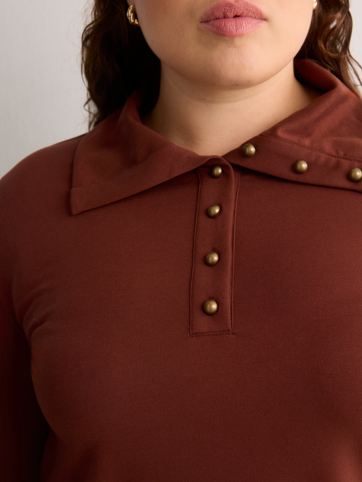 Loose French Terry Tunic Top with Buttoned Johnny Collar