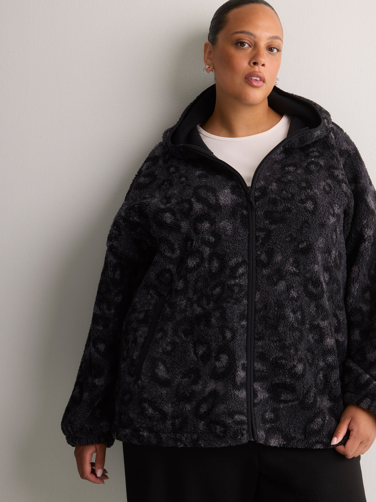 Hooded Printed Sherpa Zippered Jacket - Active Zone