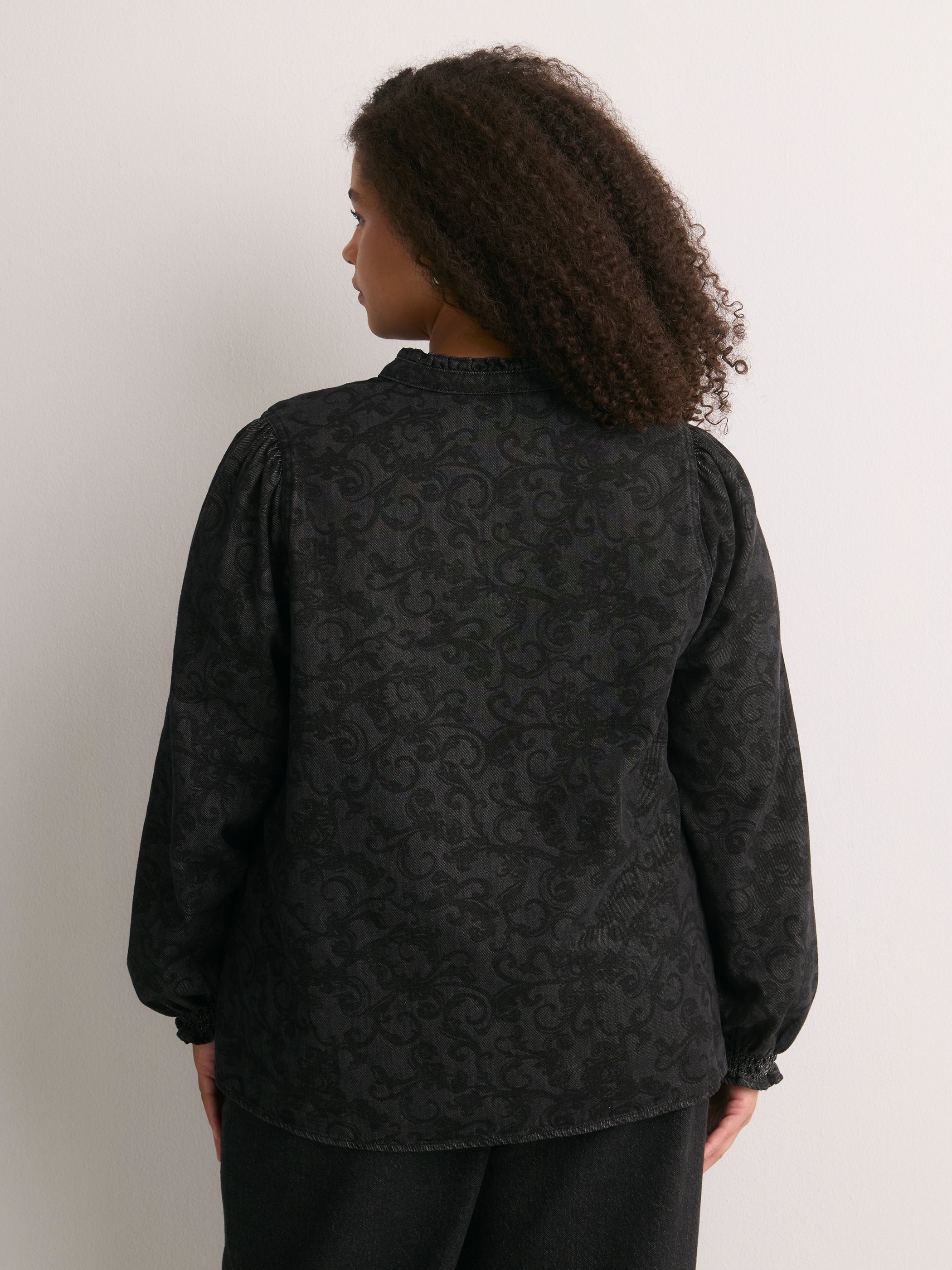 Black A-Line Denim Blouse with Split Ruffled Collar