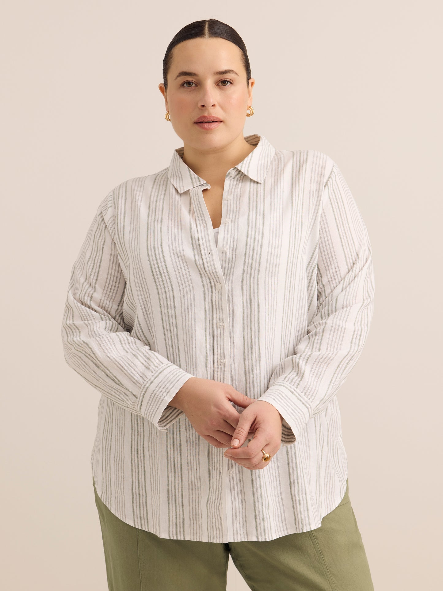 Striped Linen Blend Buttoned Down Tunic Shirt