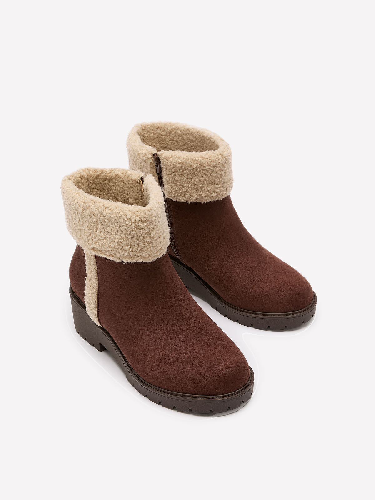 Extra Wide Width, Brown Microsuede Wedge Bootie with Foldover Sherpa