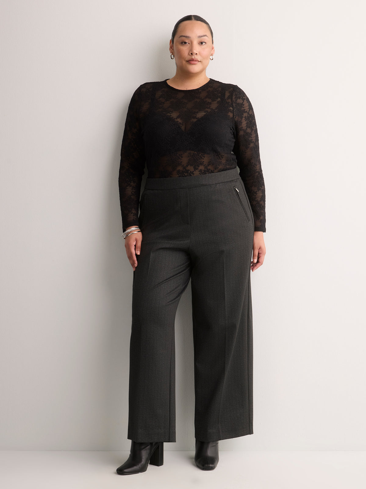 Petite, Charcoal Pinstripe Pull-On Wide-Leg Pant, Essential Pant