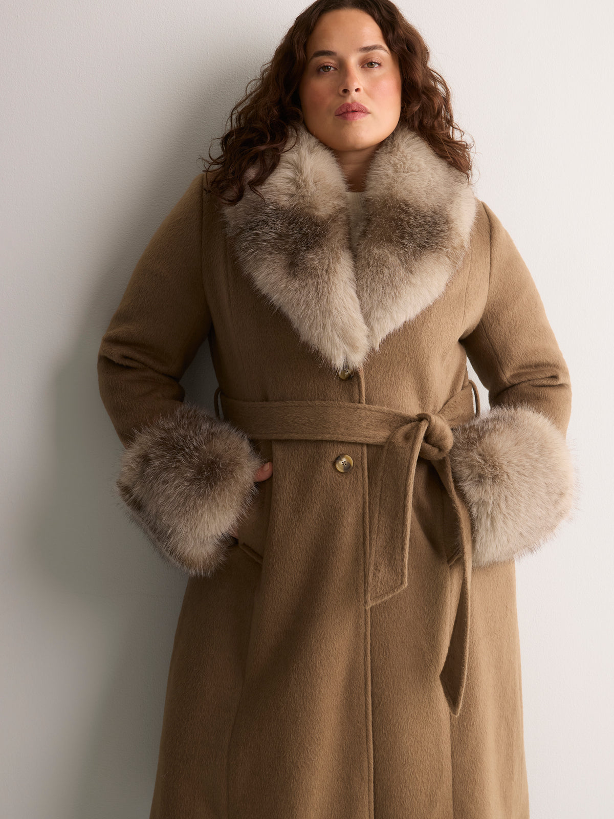 Long Belted Coat with Faux-Fur Collar and Cuffs
