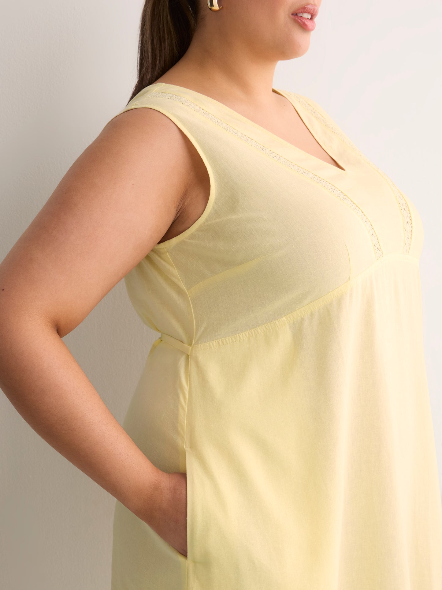 Linen Blend V-Neck Swing Dress with Crochet Tape