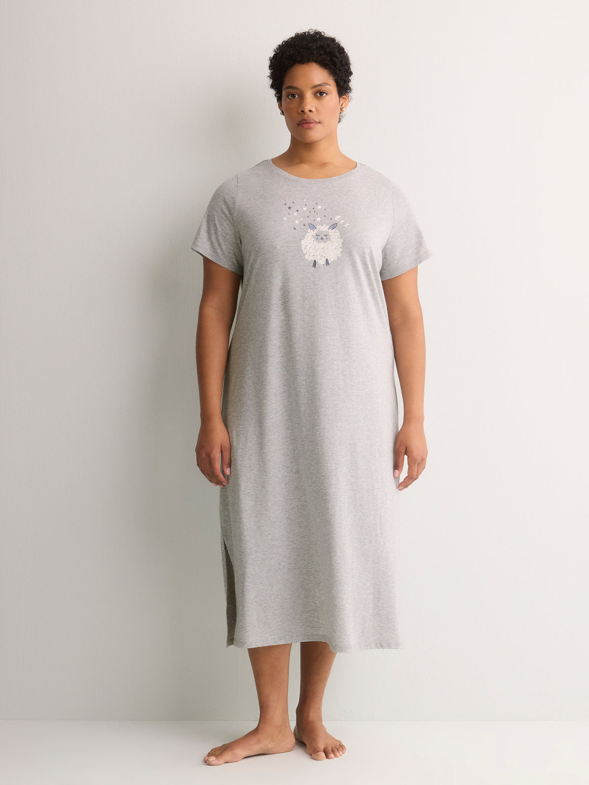 Grey Long Short-Sleeve Sleepshirt with Sheep Chest Print - tiVOGLIO