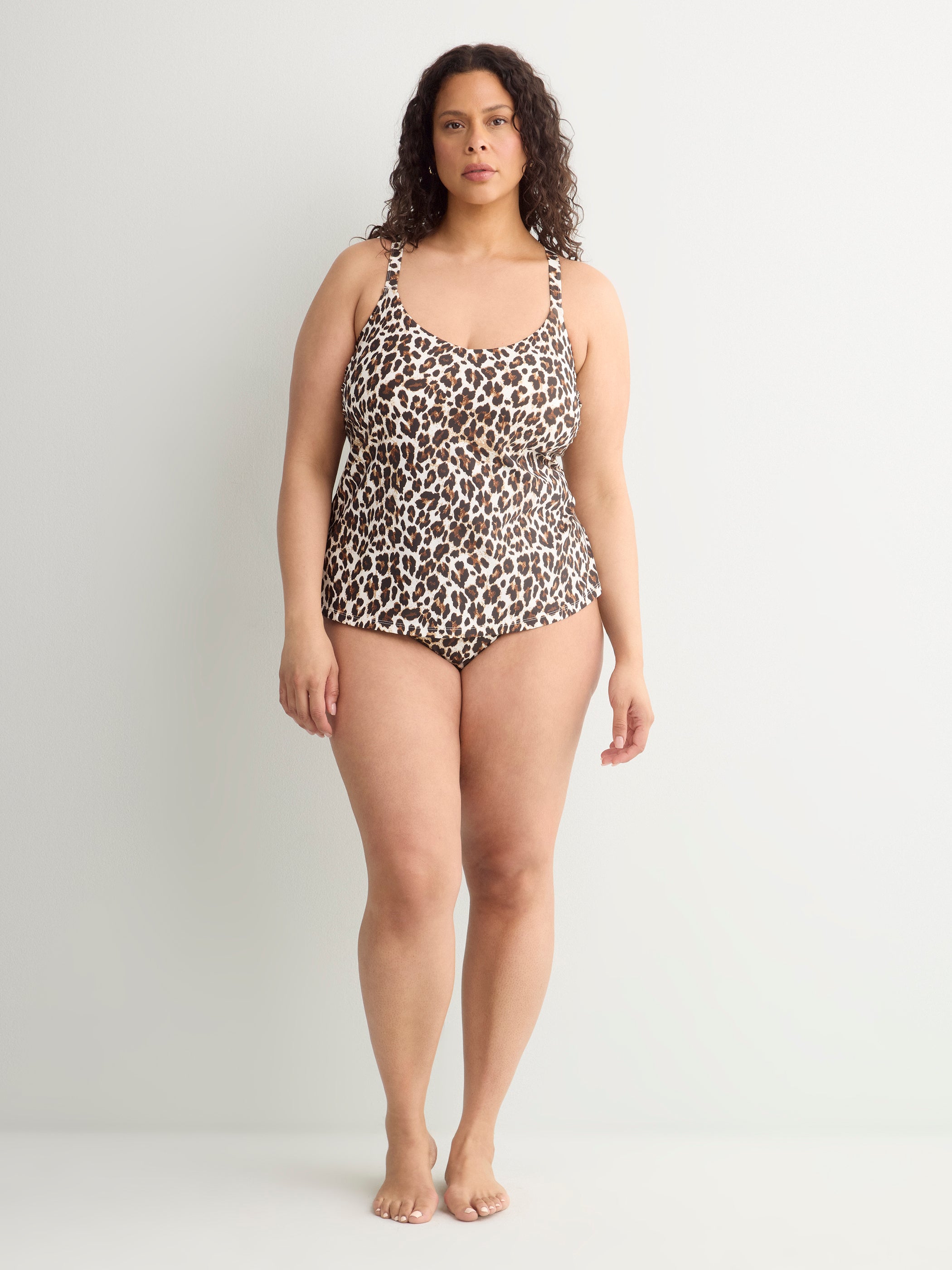 Leopard V-Neck Tankini Top with Back Ring Detail