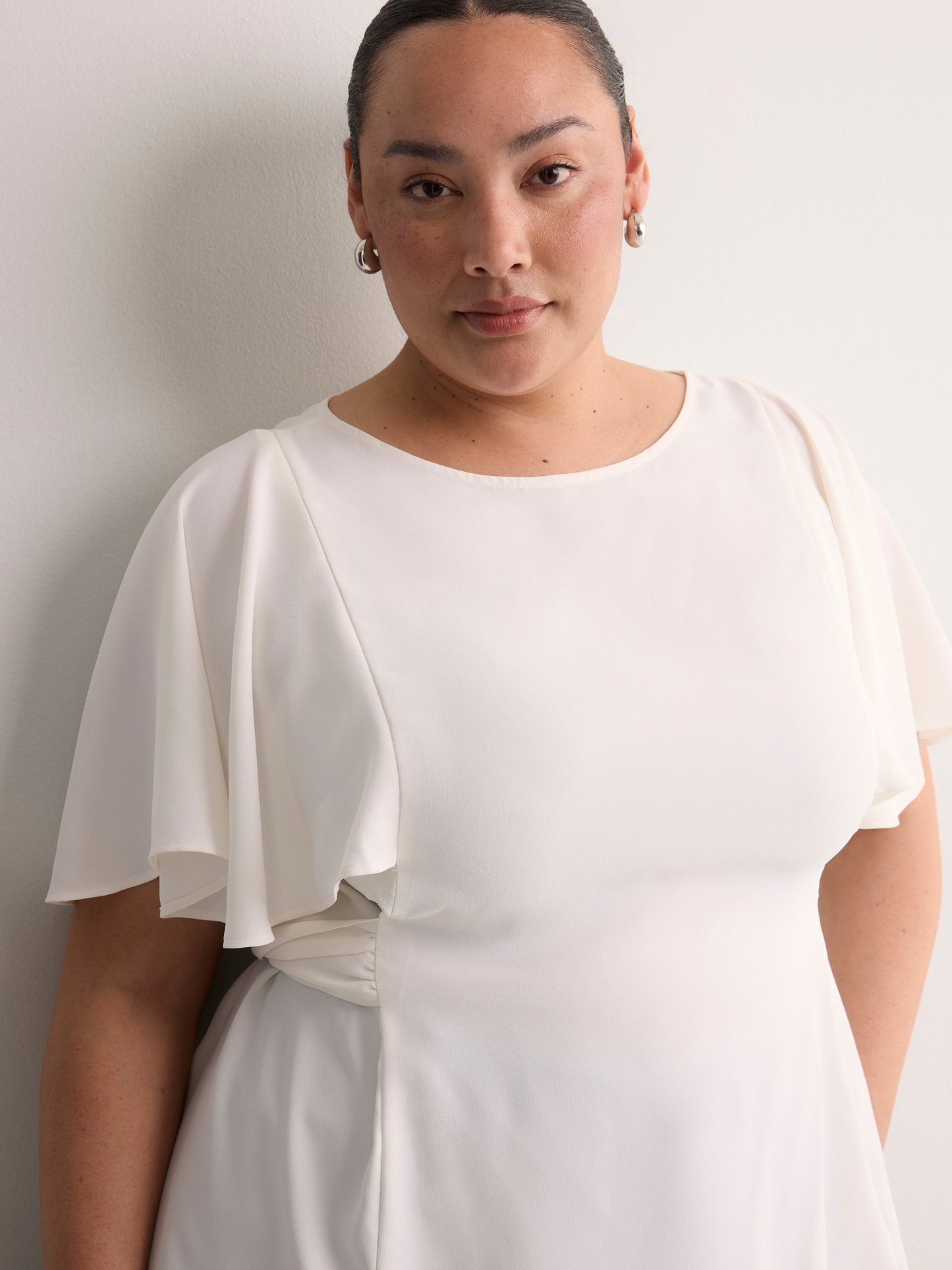Responsible, Cape Flutter-Sleeve Silky Blouse with Self Sash