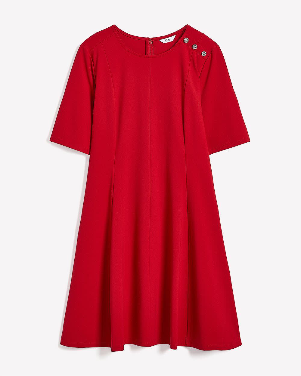 Fit and Flare Elbow-Sleeve Rib Knit Dress