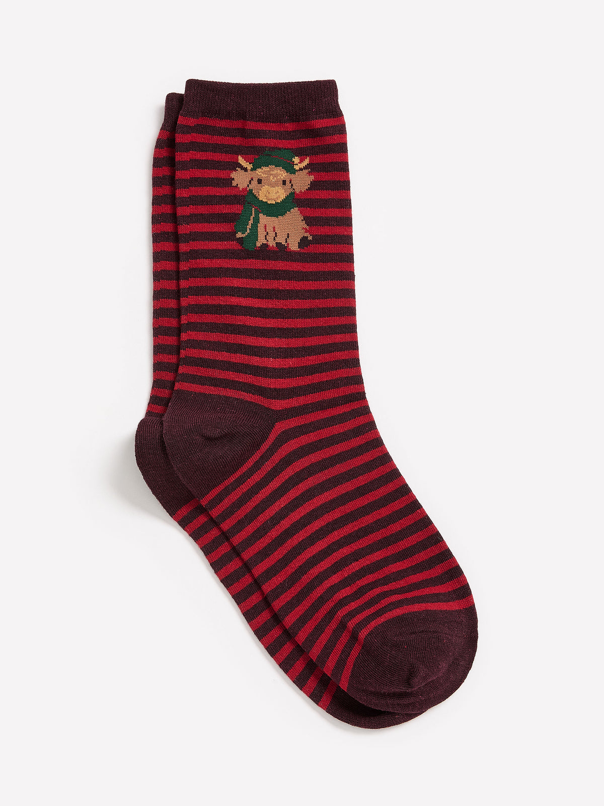 Red Striped Cotton Knit Crew Socks with Highland Cow Print