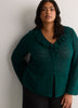 Straight V-Neck Crochet Pointelle Knit Blouse with Trumpet Sleeves