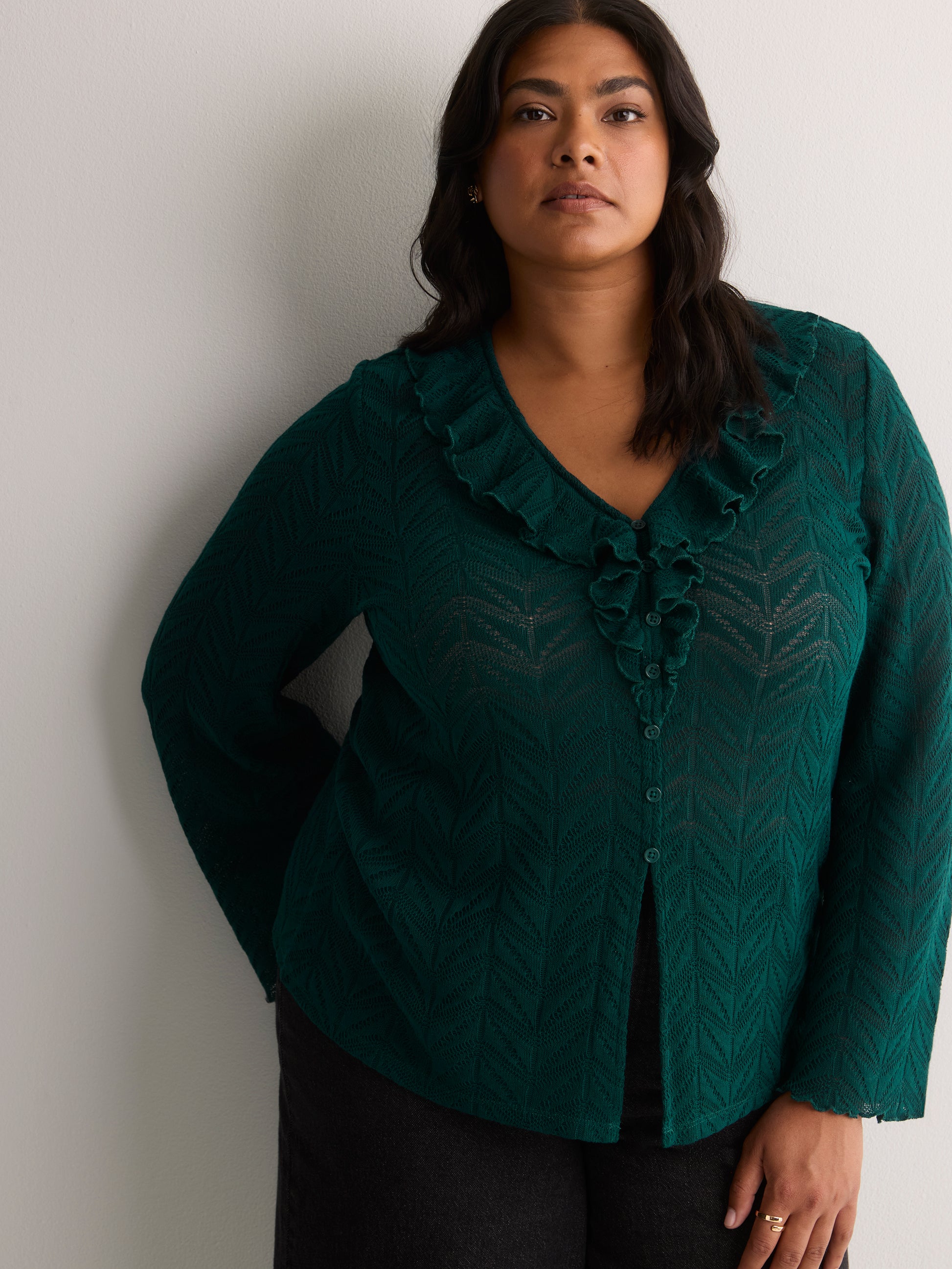 Straight V-Neck Crochet Pointelle Knit Blouse with Trumpet Sleeves