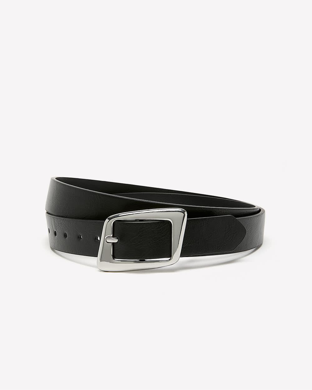 Black Faux-Leather Belt with Uneven Rectangle Buckle