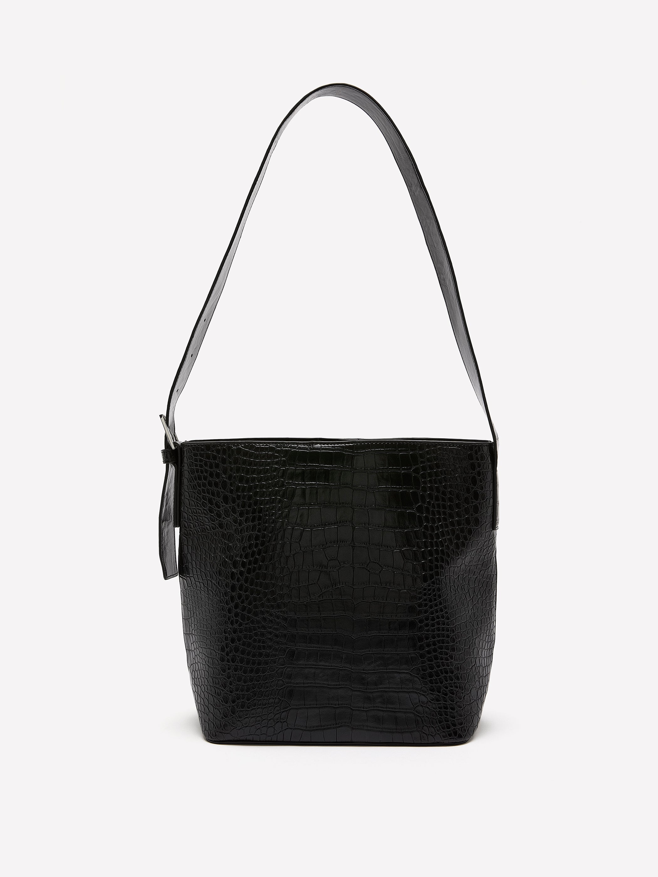 Black Faux Leather Croco Bucket Bag