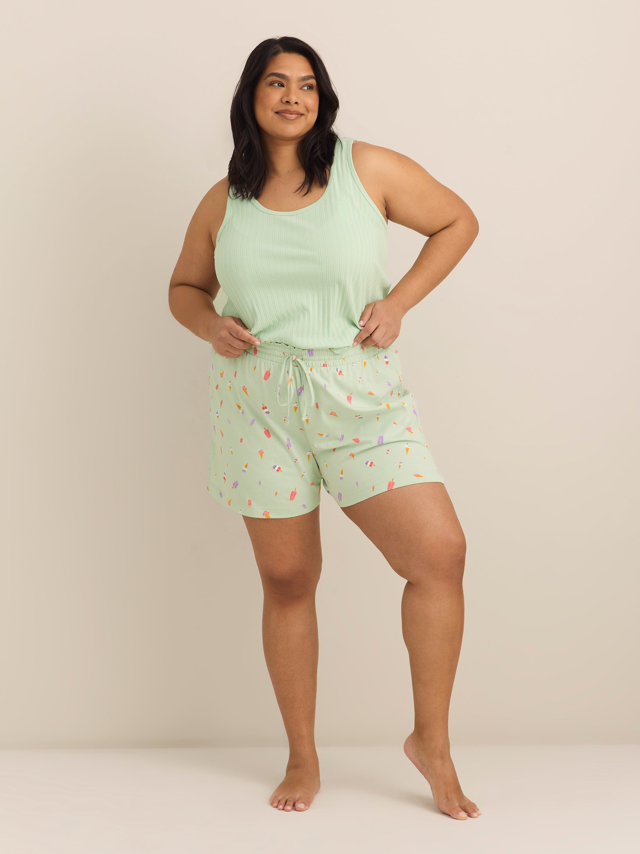 Green Rib Tank Top and Ice Cream-Print Boxer Pyjama Set - ti Voglio