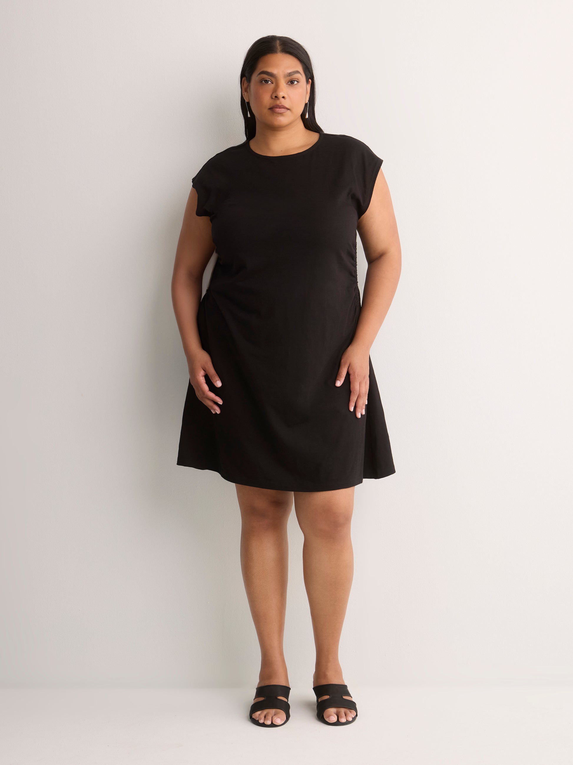 Crew-Neck Extended-Sleeve Knit Dress with Side Shirring
