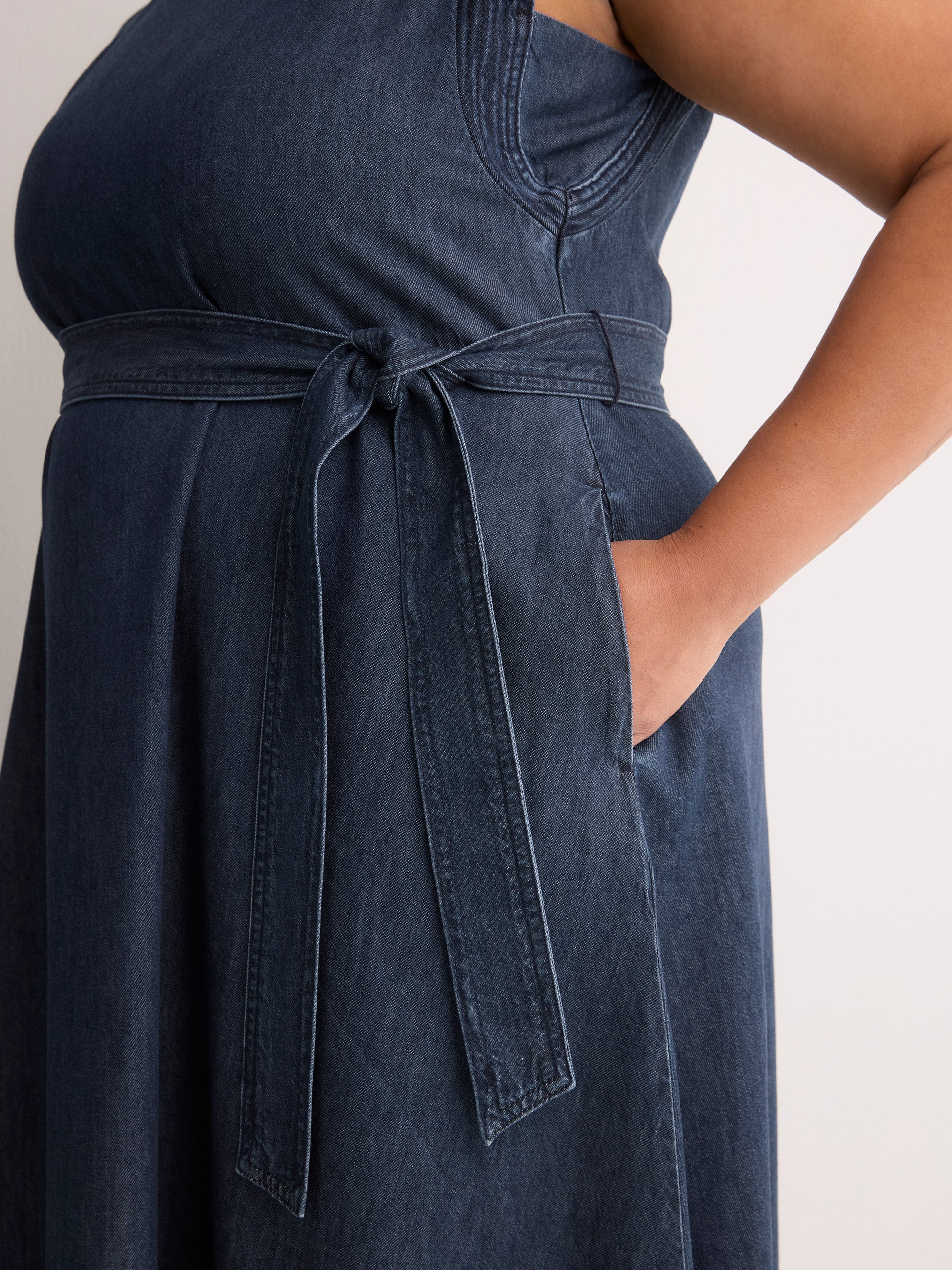 Dark Denim Sleeveless Crew-Neck Sash Midi Dress