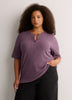 Straight Elbow-Sleeve Plum Pointelle Knit Henley Top