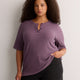 Straight Elbow-Sleeve Plum Pointelle Knit Henley Top