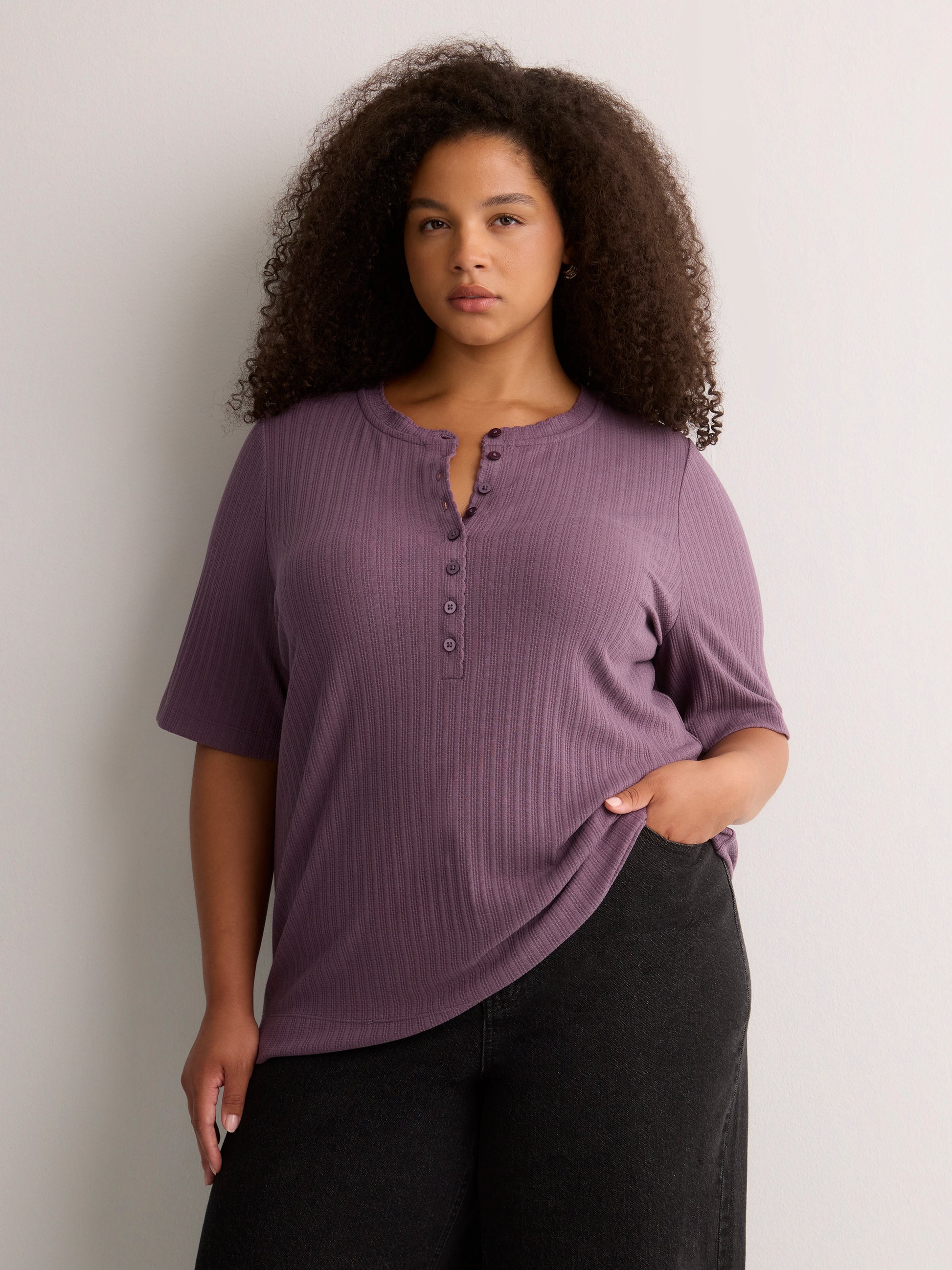 Straight Elbow-Sleeve Plum Pointelle Knit Henley Top
