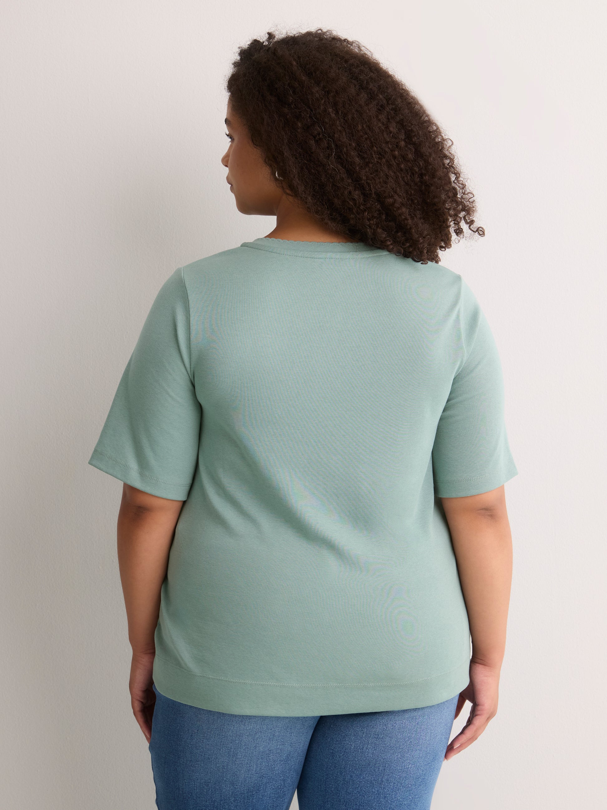 Straight Elbow-Sleeve Ribbed Knit Henley Top