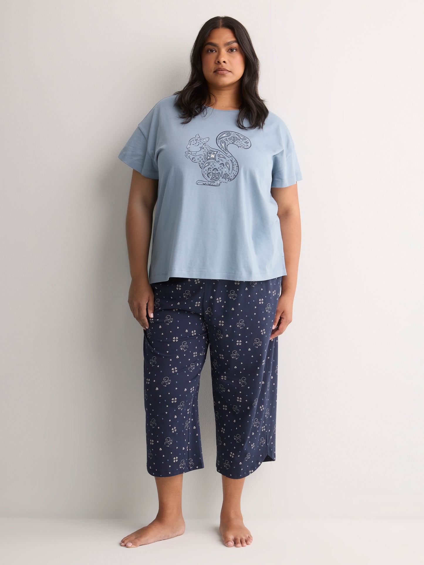 Blue Short-Sleeve Boxy Pyjama Top with Squirrel Print - tiVOGLIO