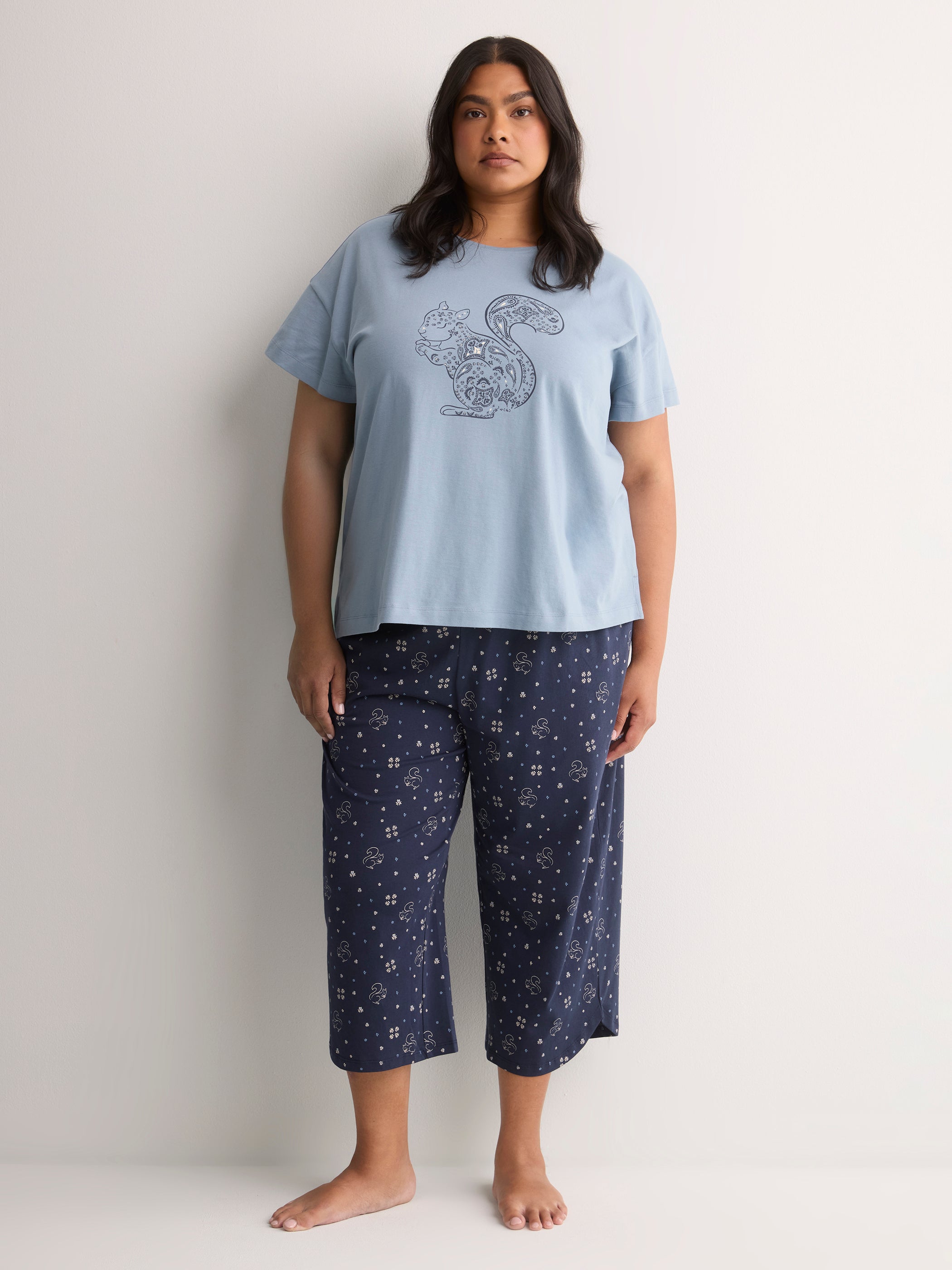 Blue Short-Sleeve Boxy Pyjama Top with Squirrel Print - tiVOGLIO