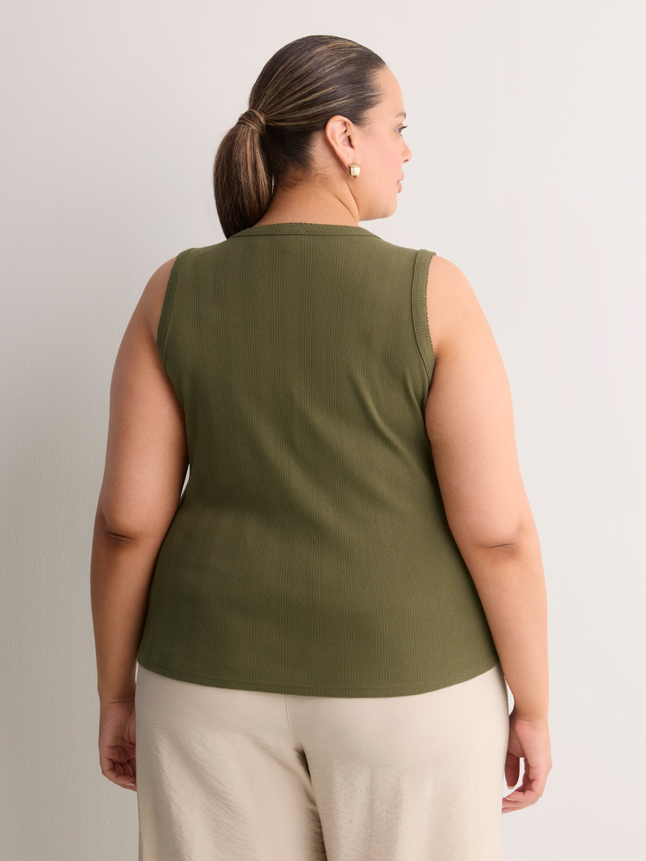 Grey Pointelle Knit Fitted Tank Top