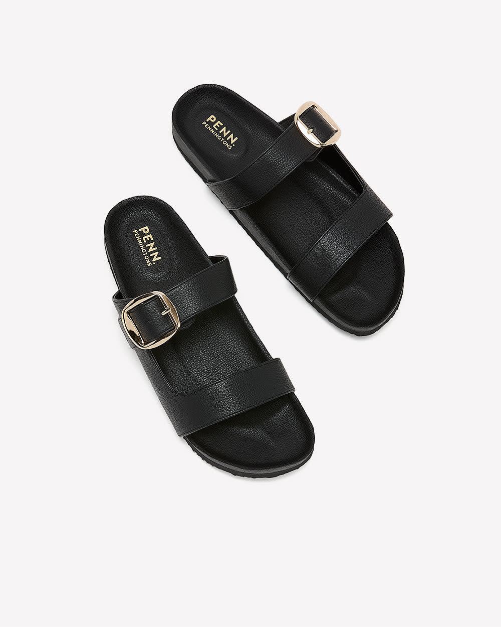 Sandale noire à double bride avec grosse boucle, pied très large