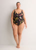 Black Floral Shirred V-Neck Tankini Top