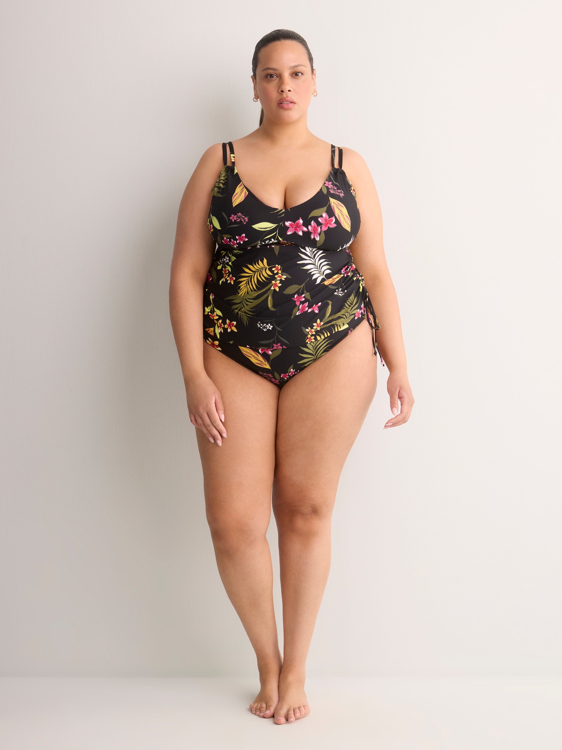 Black Floral Shirred V-Neck Tankini Top