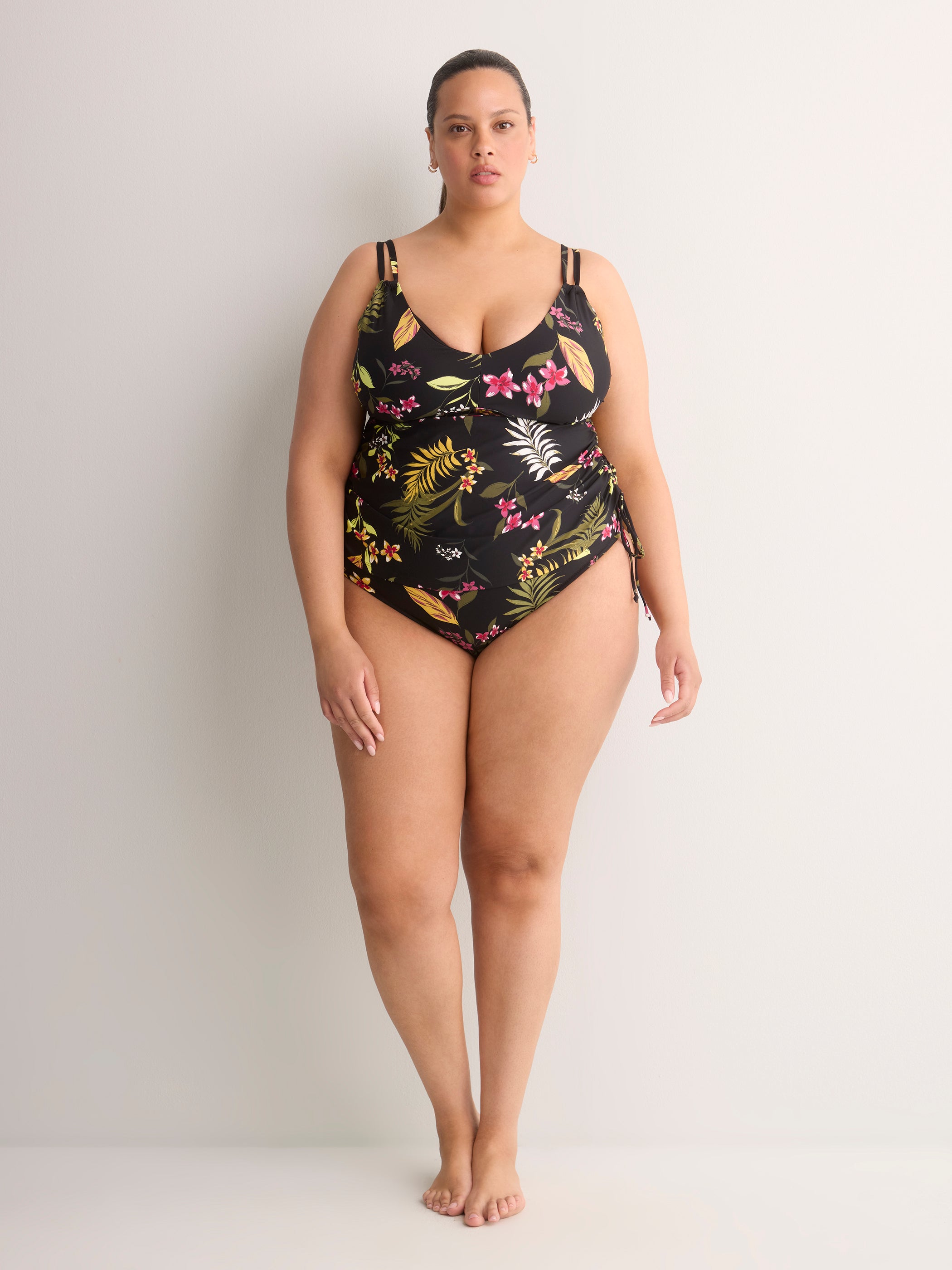 Black Floral Shirred V-Neck Tankini Top
