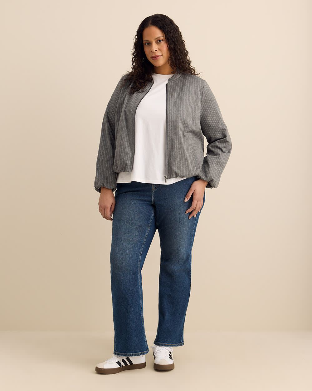 Grey Pinstripe Balloon-Hem Bomber Jacket