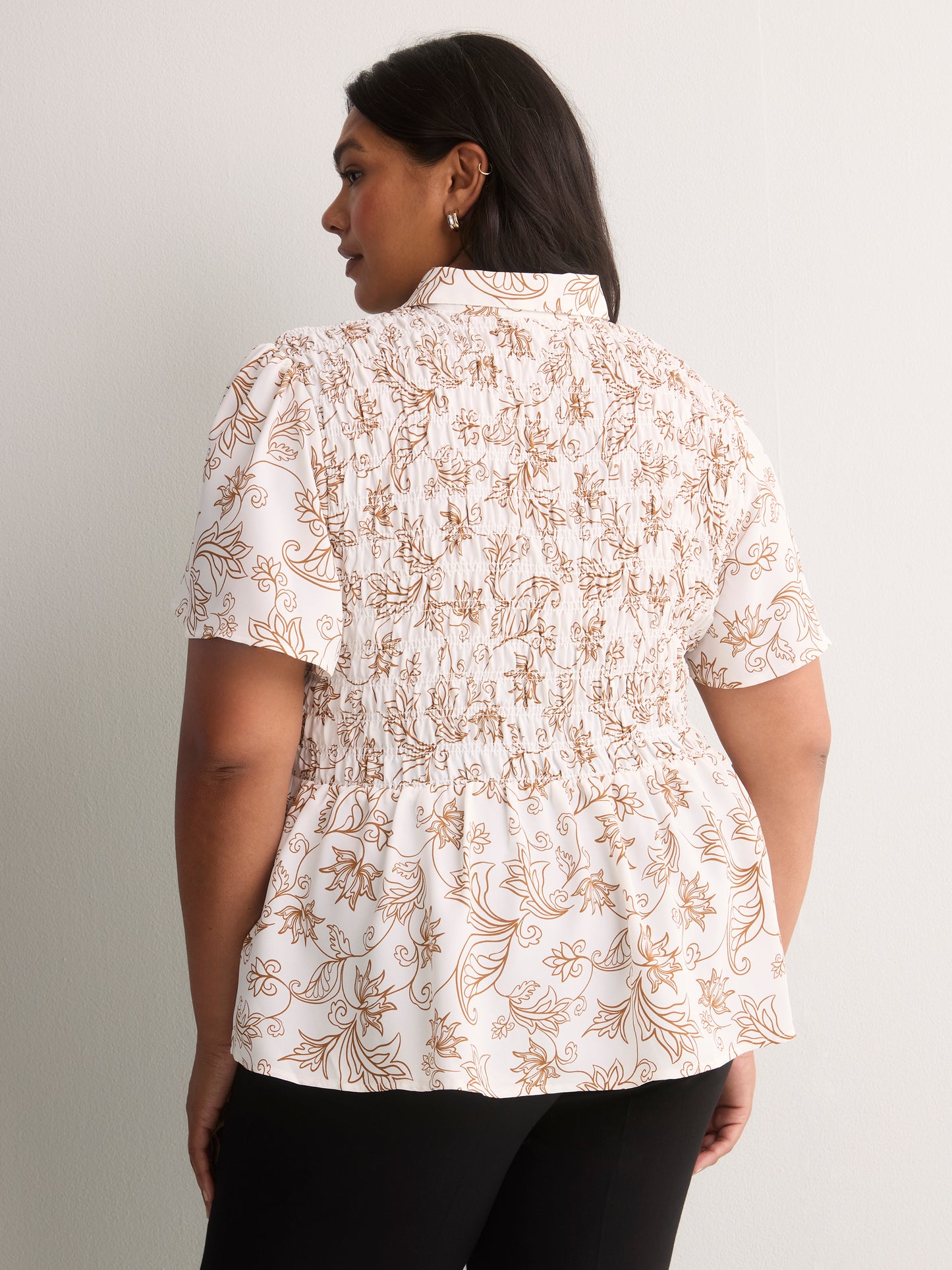 Responsible, Smocking Fit-and-Flare Shirt-Collar Blouse
