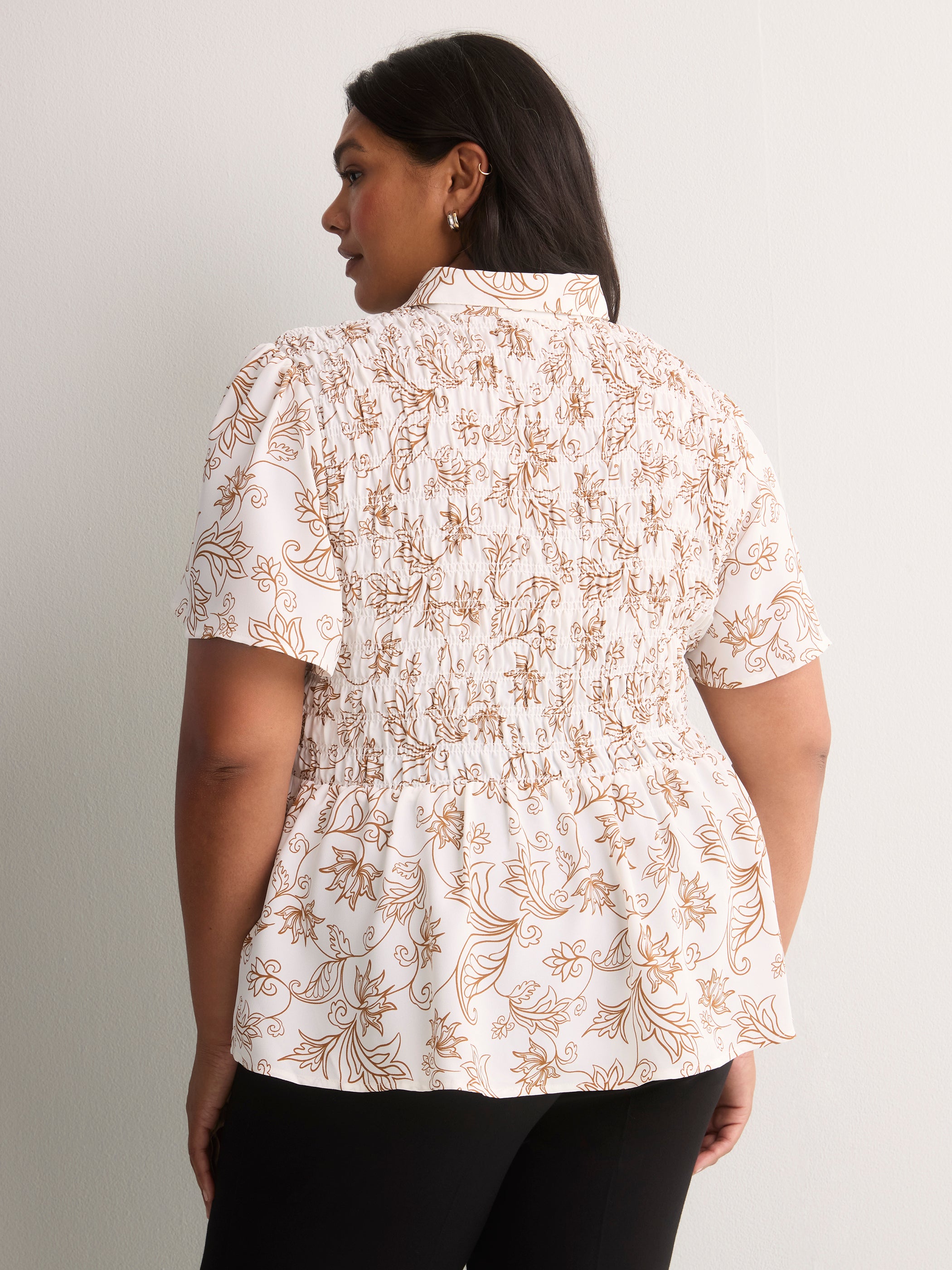 Responsible, Smocking Fit-and-Flare Shirt-Collar Blouse