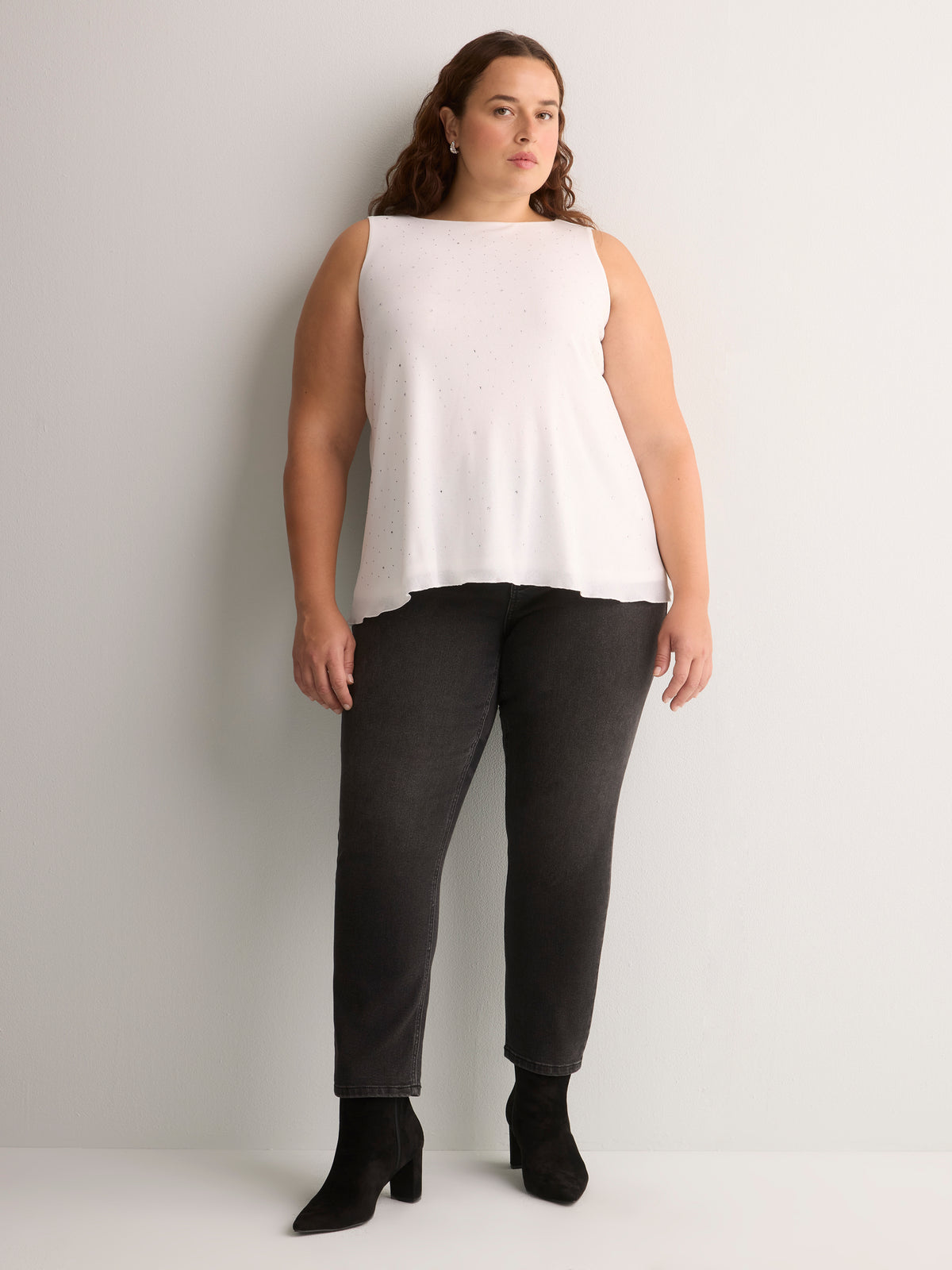 White Rhinestone Boat-Neck Swing Cami