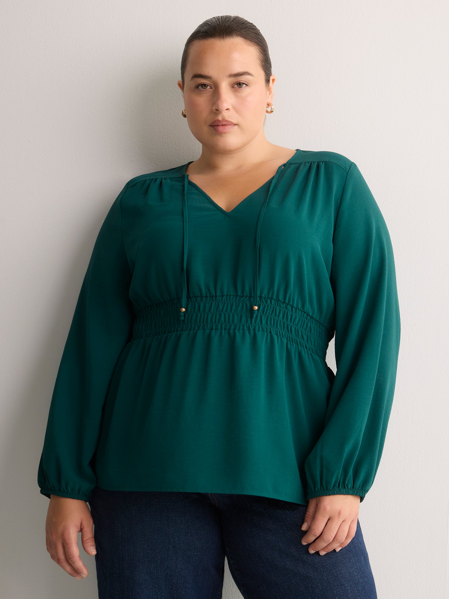 V-Neck Long-Sleeve Elastic-Waist Woven Blouse