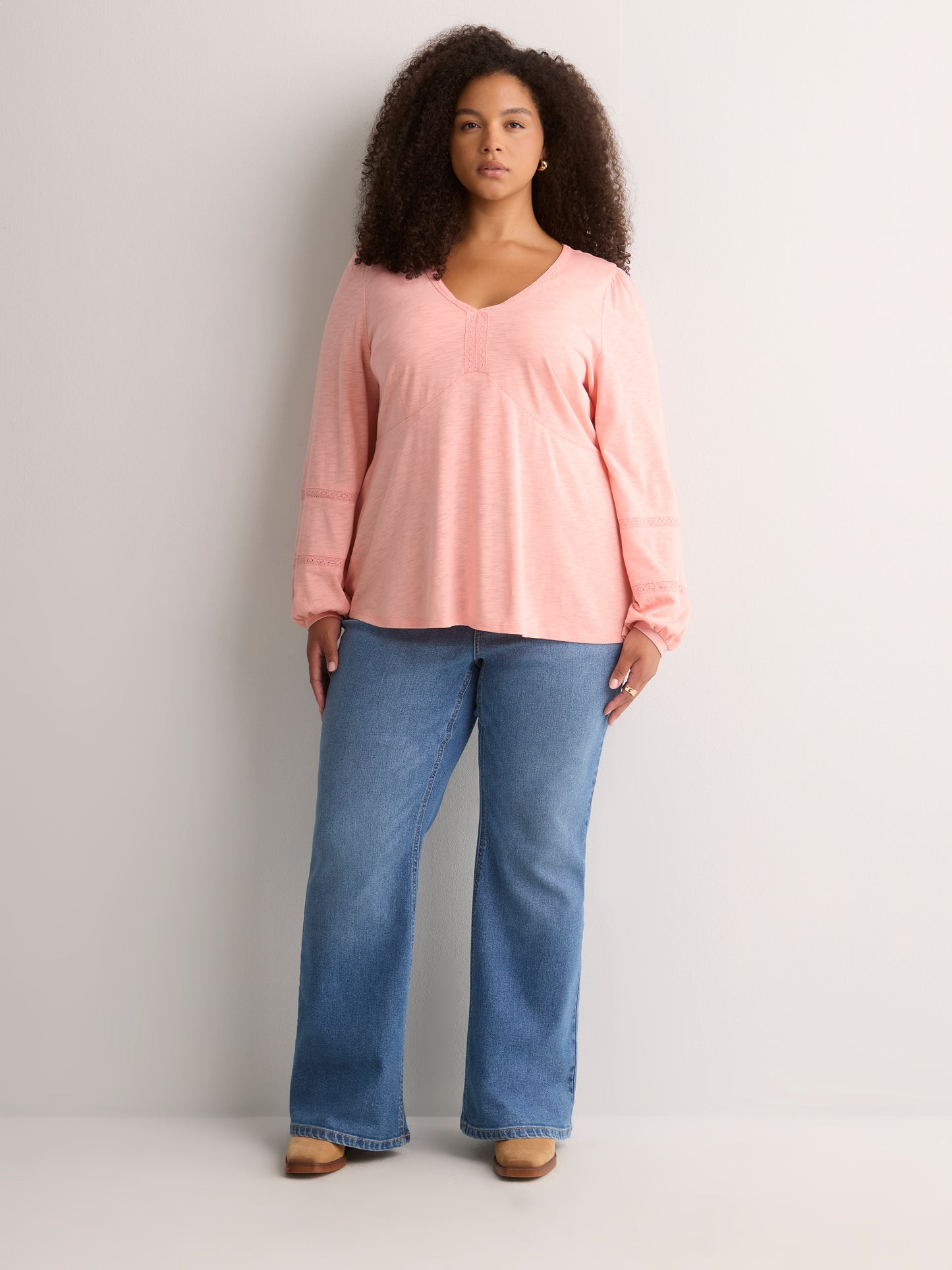 Slight Swing V-Neck Blouse with Crochet Tape