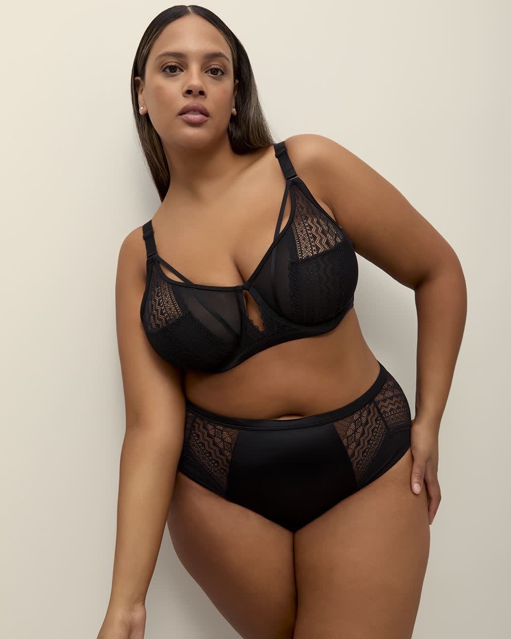 Black Underwire Balconnette Bra with Lace, Mesh and Satin - Déesse Collection