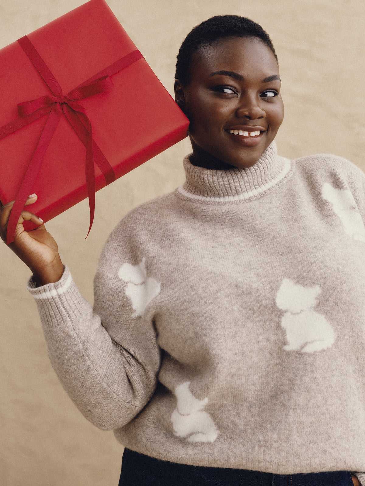 Beige Loose-Fit Mock-Neck Sweater with Embroidered Cats