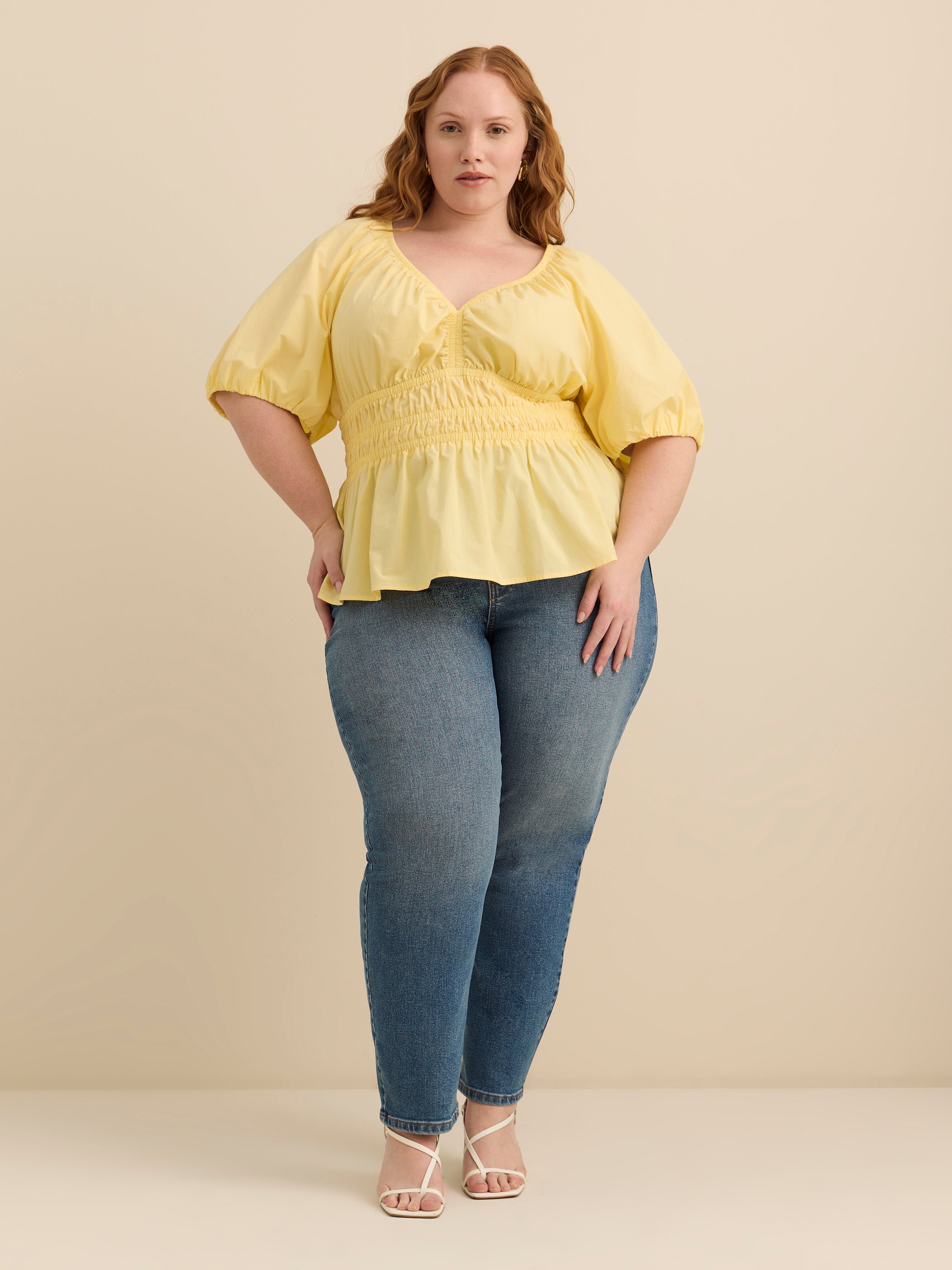 V-Neck Short Bubble Sleeve Blouse