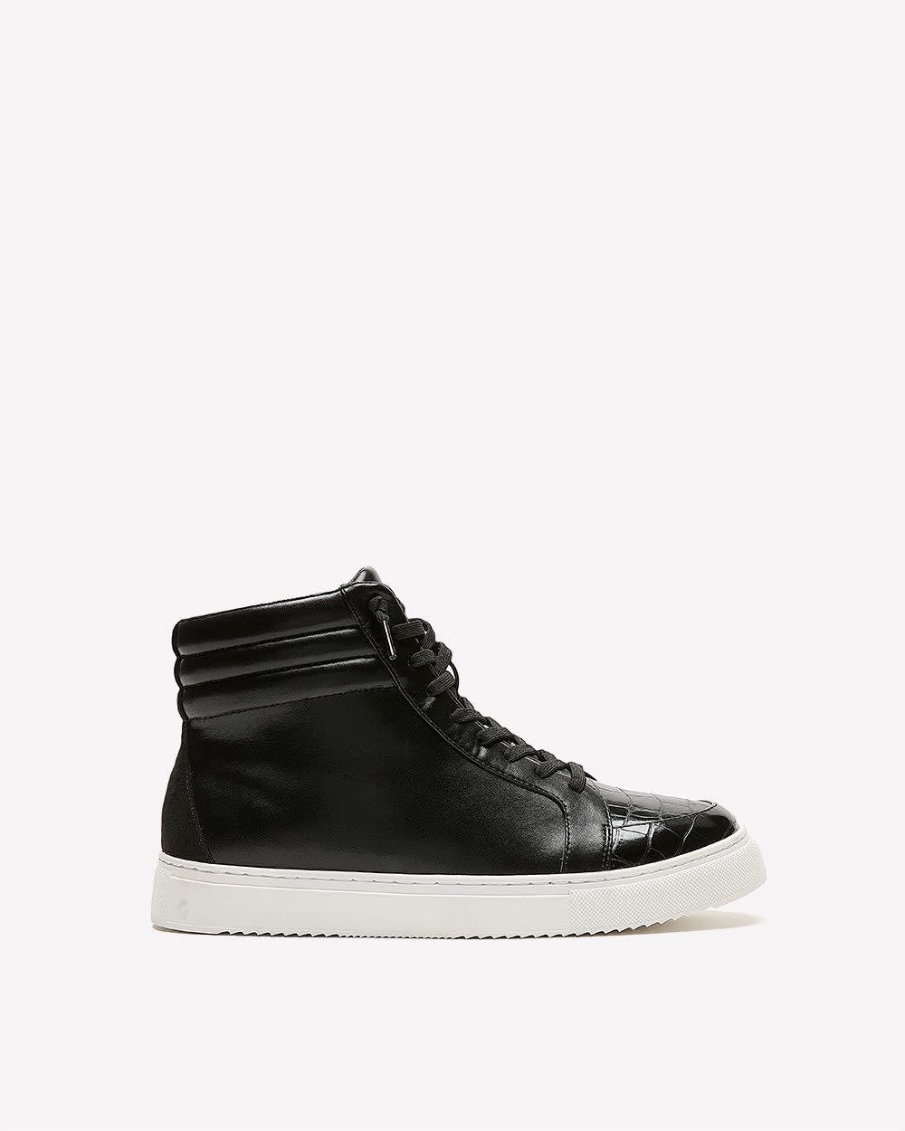 Extra Wide Width, Black Faux Leather High-Top Lace-Up Sneaker