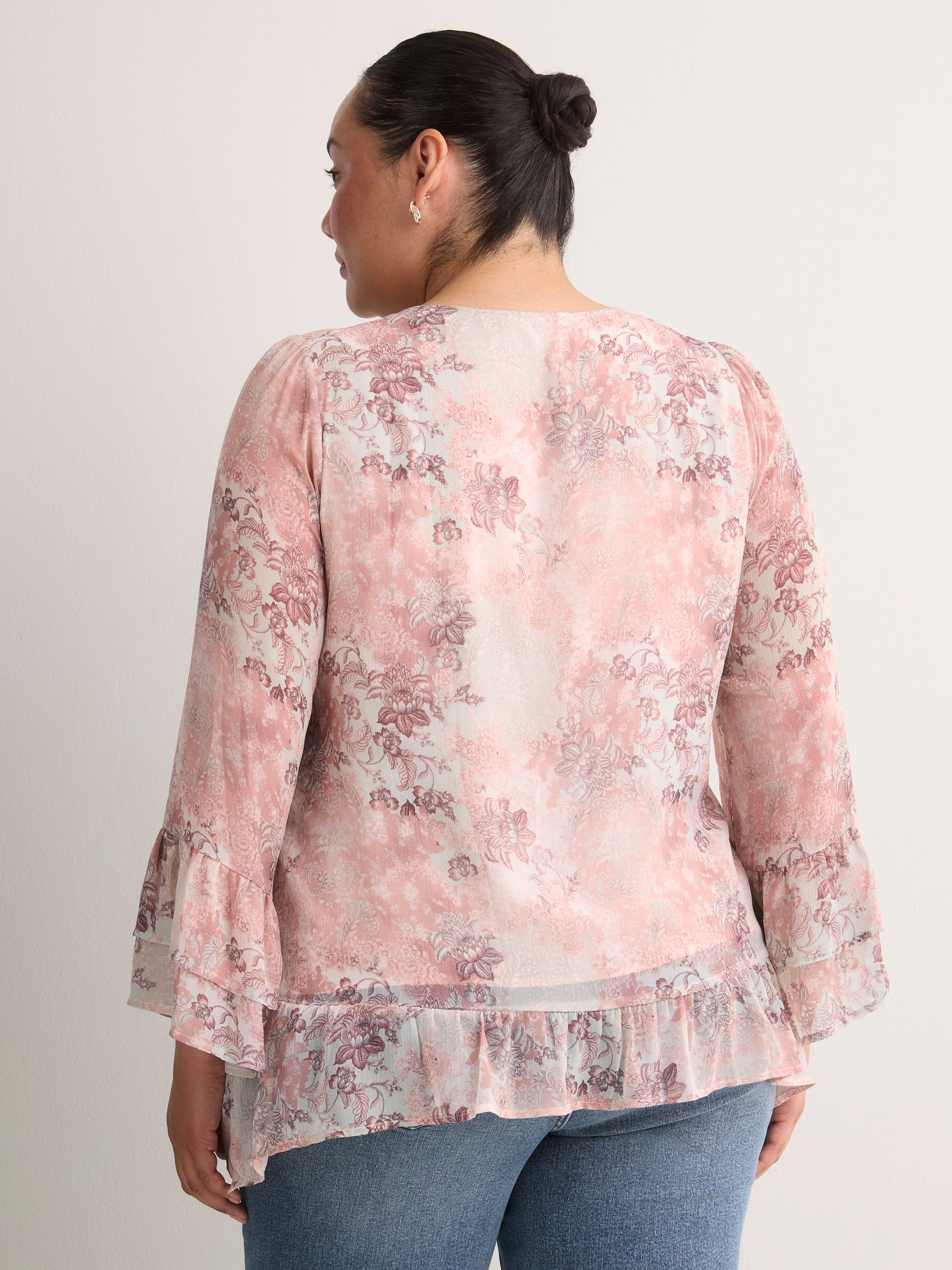 Split-Neck Long Flounce Sleeve Asymmetrical Blouse