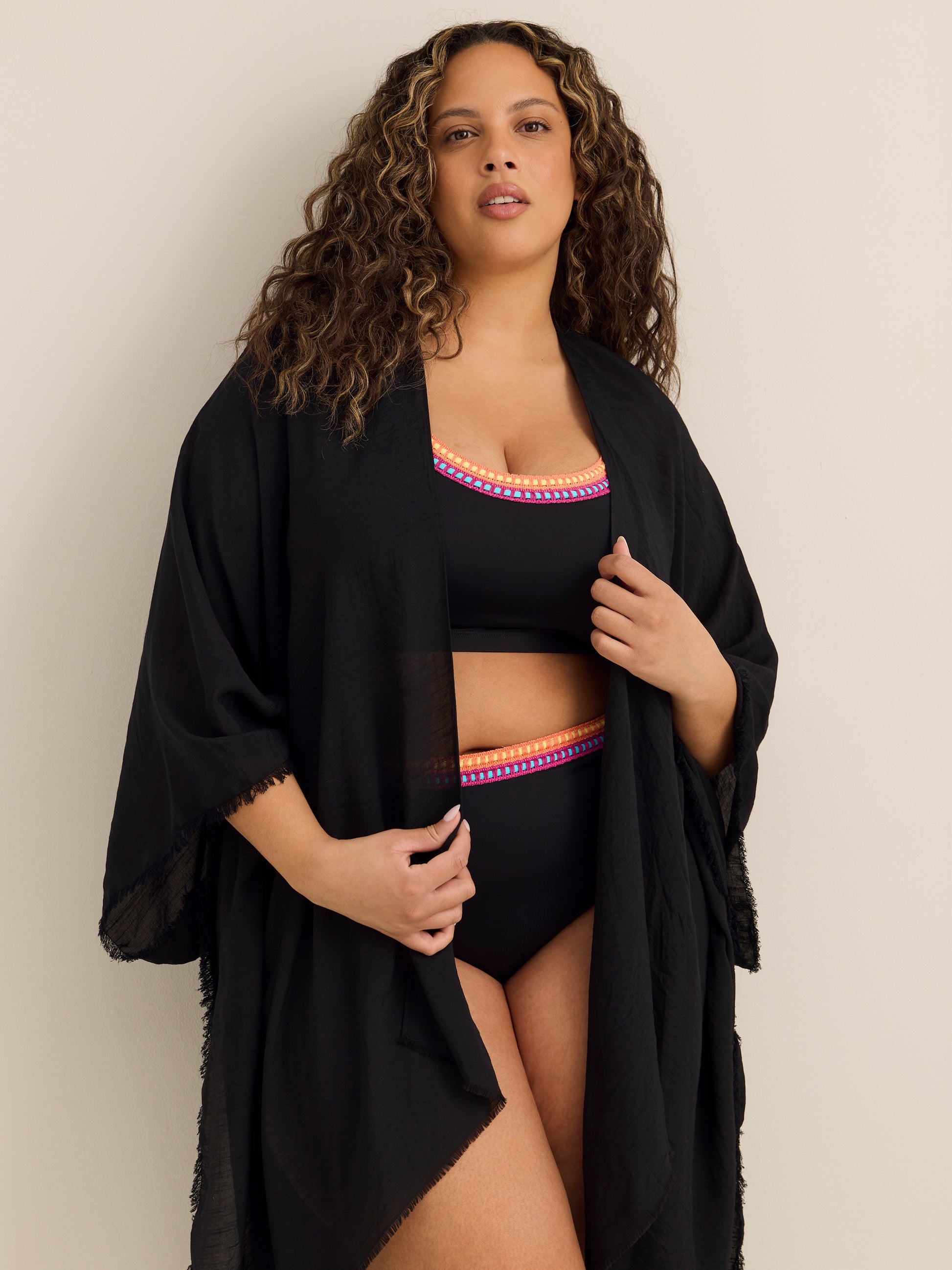 Long Black Knit Shawl Cape with Back Smocking